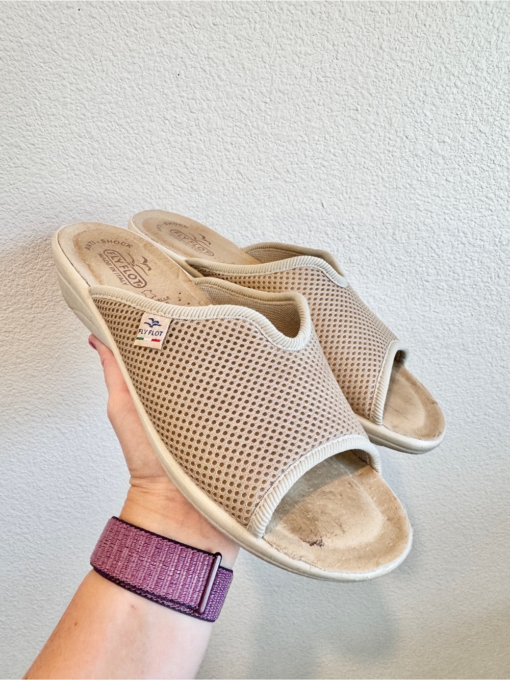 Fly Flot Italy Mesh Slides US 8 Beige Comfort Wedge Sandals Coastal Grandma K13